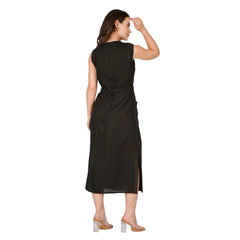 Black Buttoned Linen Midi Dress with Waist Tie