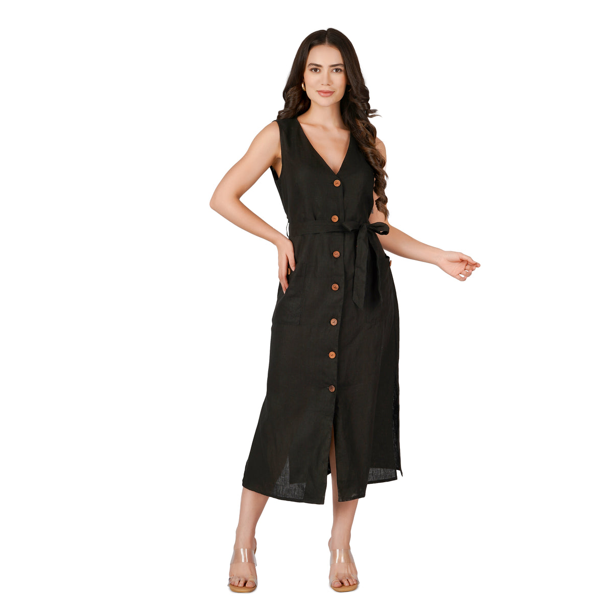 Black Buttoned Linen Midi Dress with Waist Tie