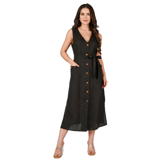 Black Buttoned Linen Midi Dress with Waist Tie