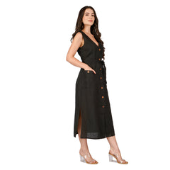 Black Buttoned Linen Midi Dress with Waist Tie