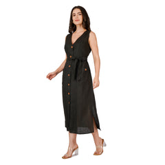 Black Buttoned Linen Midi Dress with Waist Tie