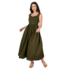 Square Neck Olive Green Elegant Linen Dress