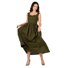 Square Neck Olive Green Elegant Linen Dress