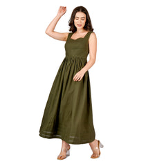 Square Neck Olive Green Elegant Linen Dress