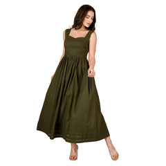 Square Neck Olive Green Elegant Linen Dress