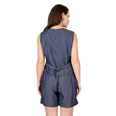 Casual Denim Button-Up Vest with Matching Shorts