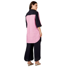 Dark blue and Pink Pure Linen Kurta-Culottes Set