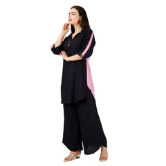 Dark blue and Pink Pure Linen Kurta-Culottes Set