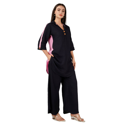 Dark blue and Pink Pure Linen Kurta-Culottes Set