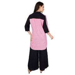 Dark blue and Pink Pure Linen Kurta-Culottes Set