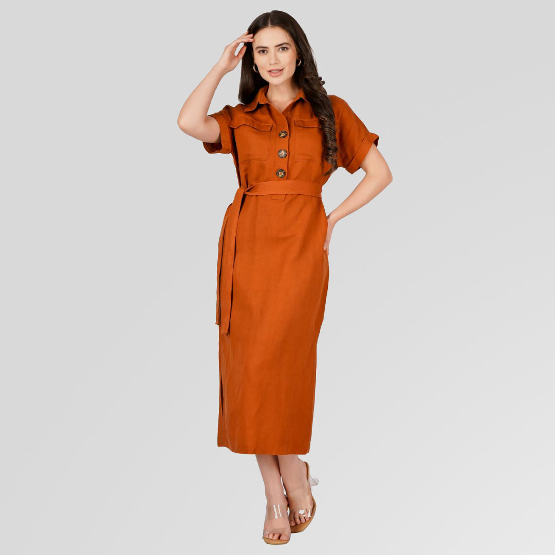 Rusty Shirt dress with Waist Tie